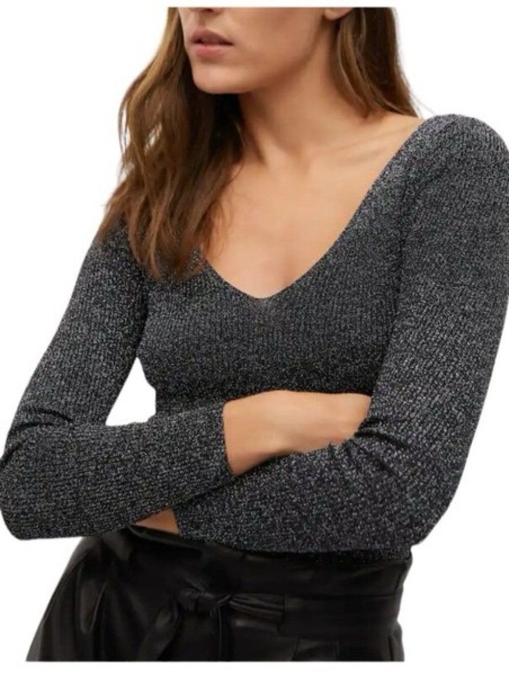 Mango MNG Glitter Knit V-Neck Sweater - Black & Silver